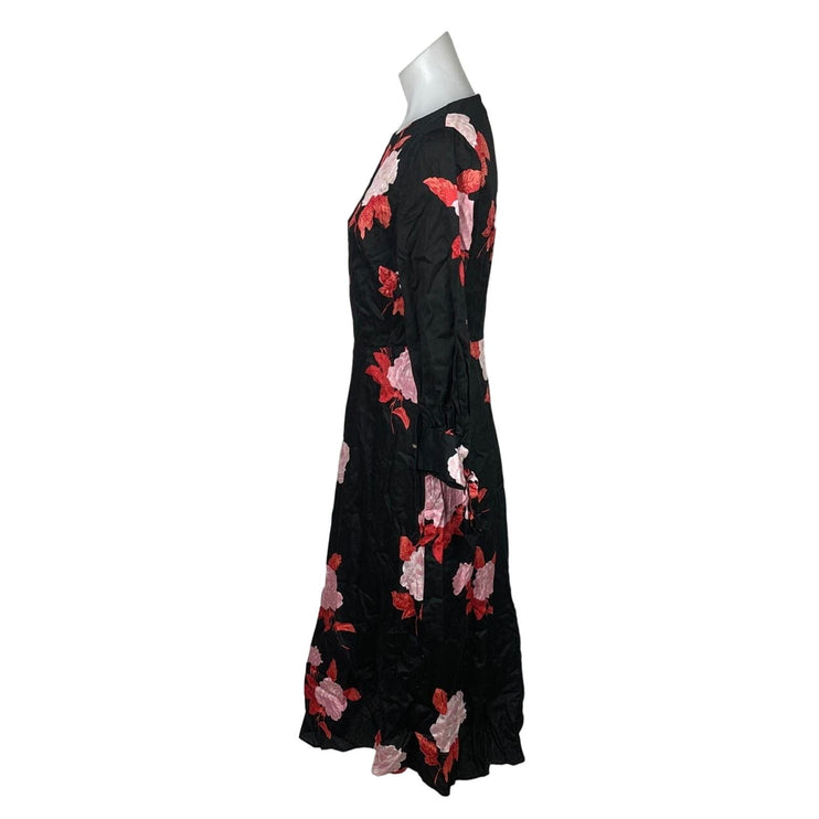 Who What Wear Black Red Cotton Rose Floral Tie Sleeve A Line Midi Dress Size S