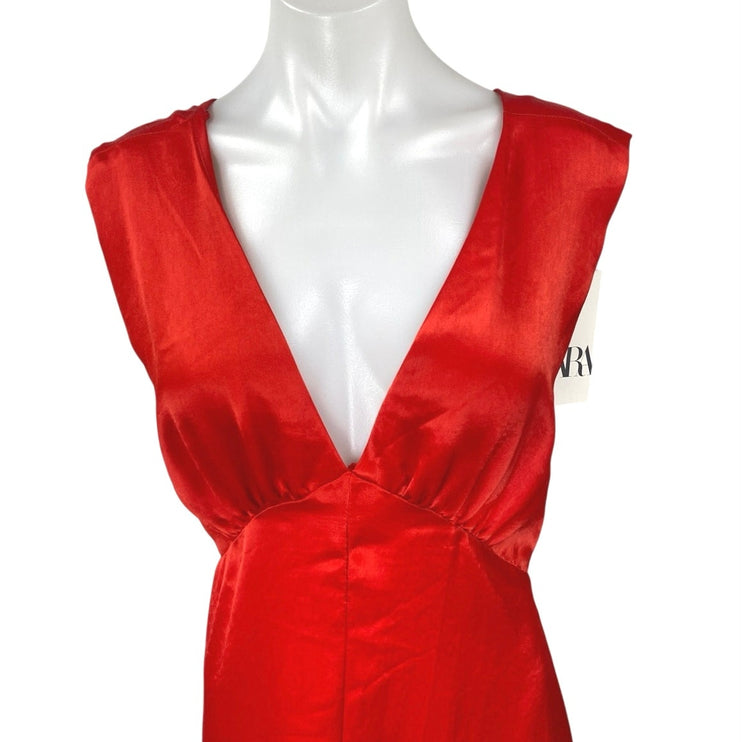 NEW Zara Red Satin Silk Sleeveless Deep V Neck Slit Cutout Back Maxi Dress Sz L