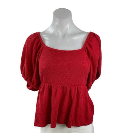 Madewell Womne's Red Puff Sleeve Square Neck Babydoll Flare Peplum Blouse Top XS