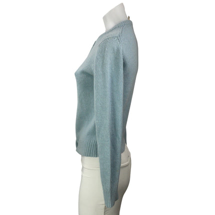 Vintage IQ Women's Blue Wool Ribbed Knit Crew Button Up Cardigan Sweater Top M