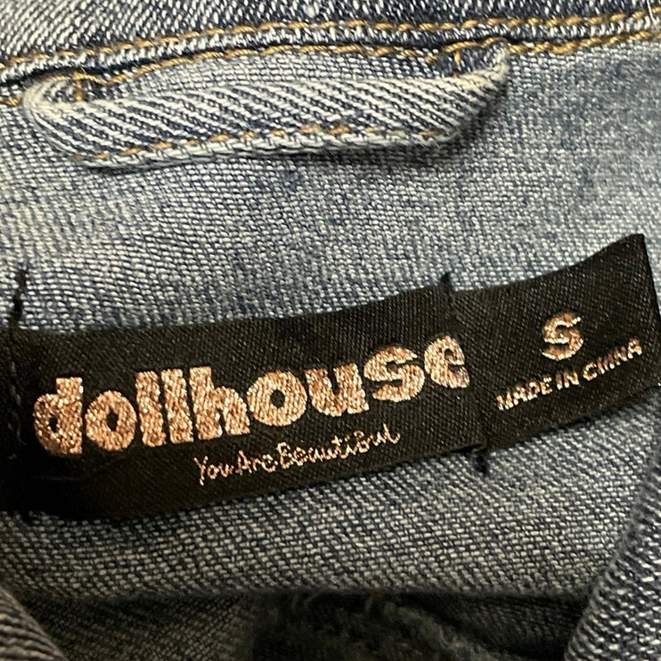 Dollhouse Women's Blue Long Sleeve Button Down Distressed Denim Jean Jacket S