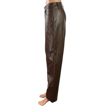 Myoursa Womens Brown Faux Leather Vegan High Rise Wide Leg Trousers Pants Size S