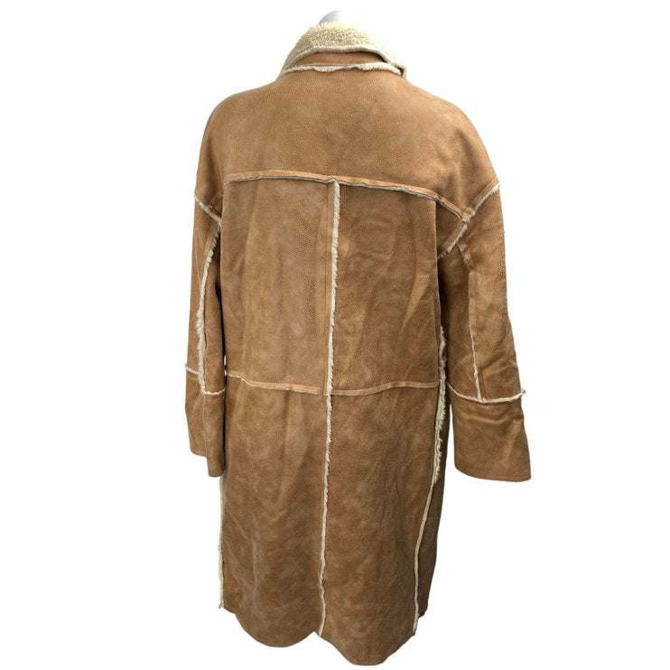 HYFVE Brown Suede Leather Faux Shearling Open Front Trench Overcoat Jacket Sz M