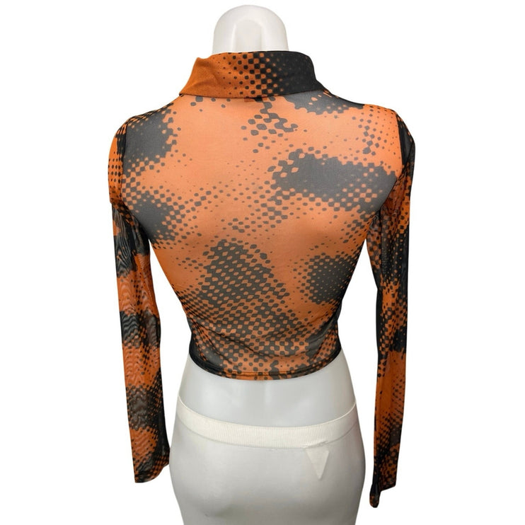 Urban Outfitters Orange Black Poster Print Mesh Button Crop Shirt Blouse Top XS