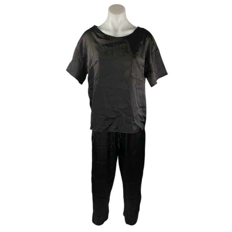 Ekouaer Women's Black Silky Satin Short Sleeve Wide Leg Loungewear Pajama Set M