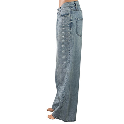 DKNY Women's Blue Light Wash Rhinestone High Rise Wide Leg Baggy Denim Jeans 28