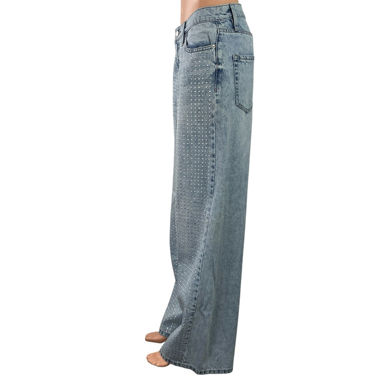 DKNY Women's Blue Light Wash Rhinestone High Rise Wide Leg Baggy Denim Jeans 28