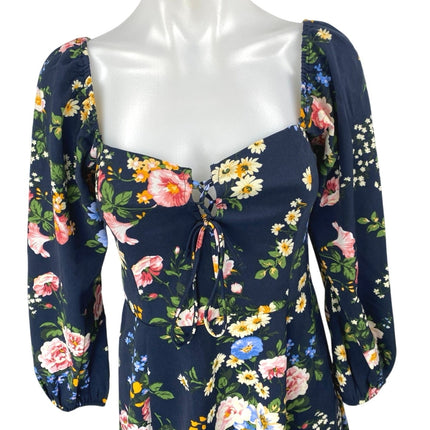Abercrombie & Fitch Blue Floral Long Puff Sleeve Lace Up A Line Mini Dress Sz S