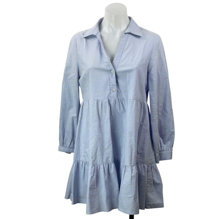 Zara Mini Oxford Womens Light Blue Long Sleeves Tiered Collared Shirt Dress Sz S