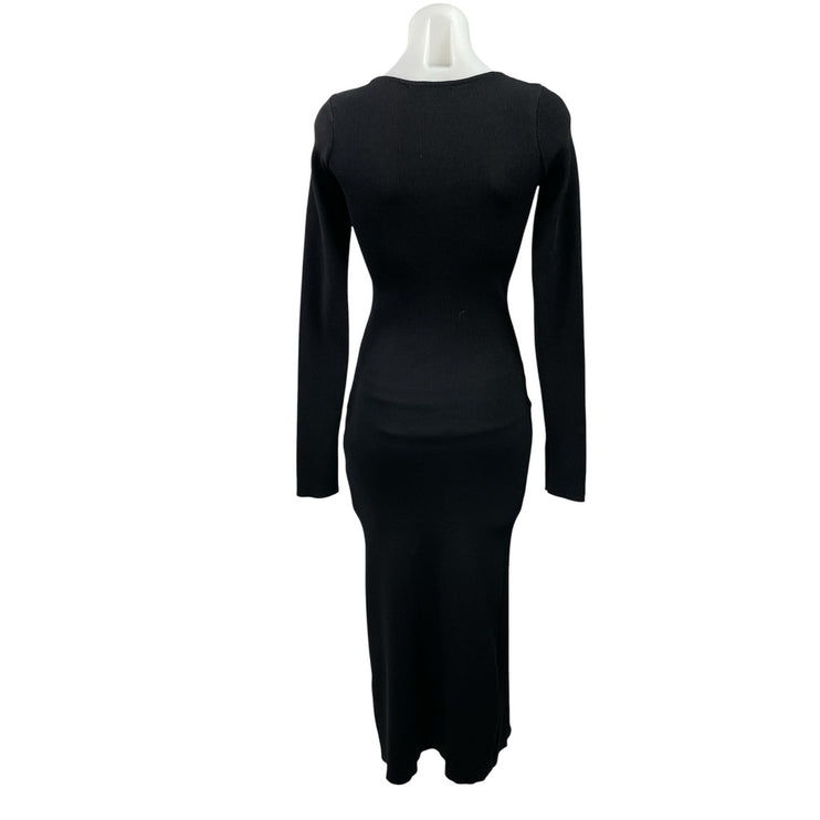 Zara Black Ribbed Knit Peal Button Long Sleeve Scoop Neck Maxi Bodycon Dress S
