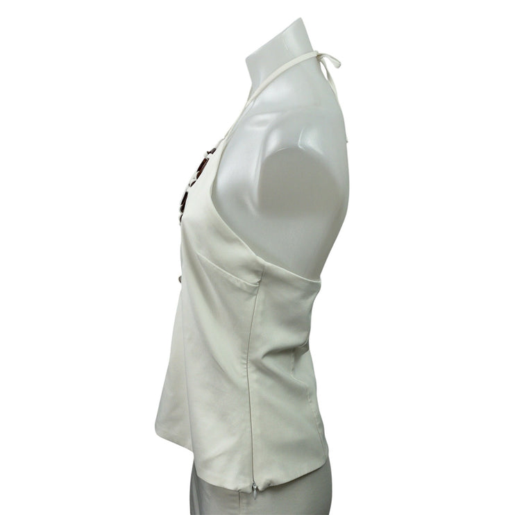Zara Women's White Sleeveless Tortoiseshell Effect O-Ring Halter Blouse Top M