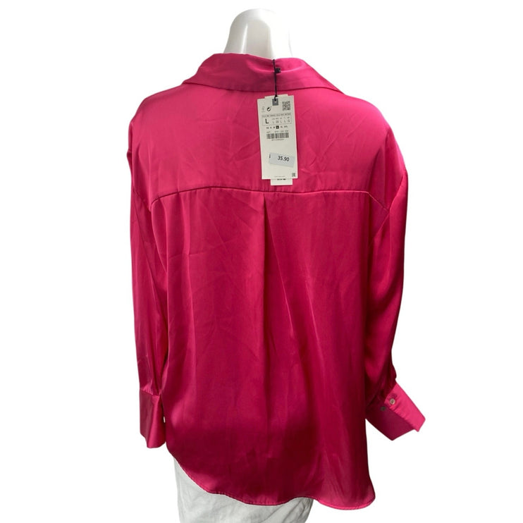 NEW Zara Women's Pink Silk Satin Long Sleeve Button Down Blouse Shirt Top Size L