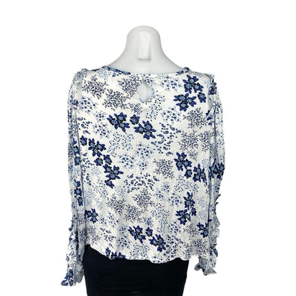 Ann Taylor LOFT Blue Floral Ruffle Puff Sleeve Round Neck Blouse Top Size M