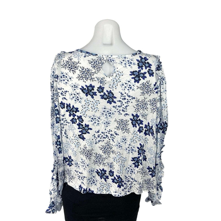 Ann Taylor LOFT Blue Floral Ruffle Puff Sleeve Round Neck Blouse Top Size M