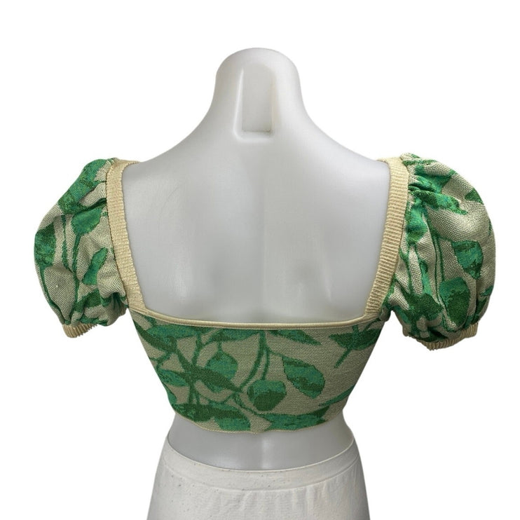 Zara Green Leaf Print Short Puff Sleeve Tropical Ruched Knit Crop Top Size S
