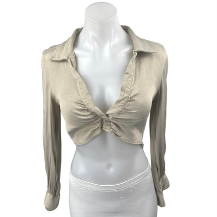 Zara Women's Beige Cream Ruched V-neck Collar Long Sleeve Crop Shirt Top Size XS