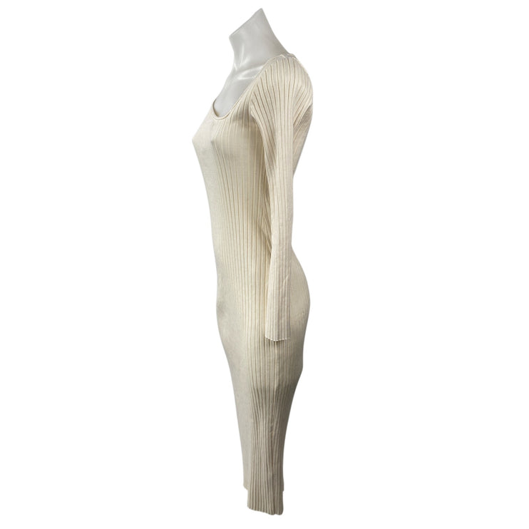 Zara Cream Ribbed Knit Asymmetric Neck Long Sleeve Midi Bodycon Dress Size M