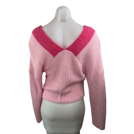 Superdown Women's Pink Ribbed Knit Faux Wrap Long Sleeve Sweater Top Size S