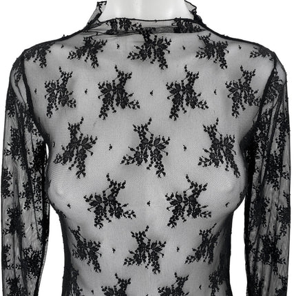 Free People Black Mesh Sheer Long Sleeve Mock Neck Floral Blouse Top Size S
