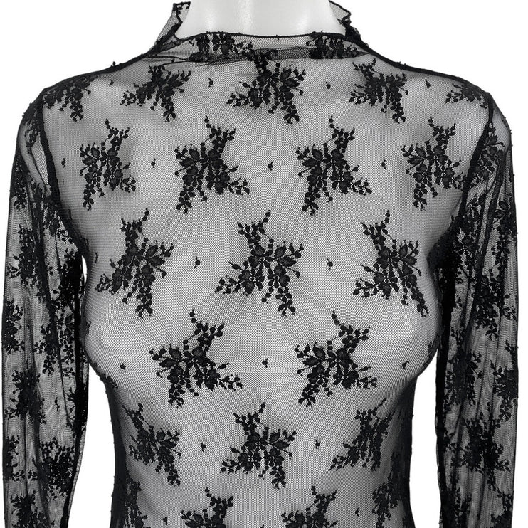 Free People Black Mesh Sheer Long Sleeve Mock Neck Floral Blouse Top Size S