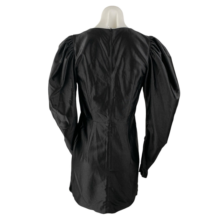 Rotate Black Silky Satin V-Neck Long Puff Sleeve Mini A-Line Wrap Dress Size 4