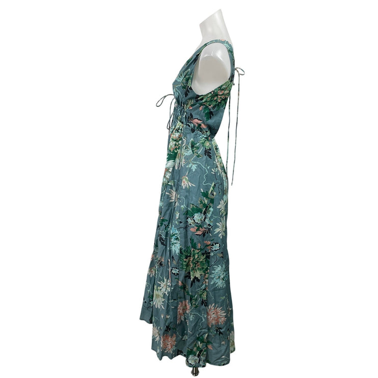 H&M Womens Blue Floral Plunge V Neck Sleeveless Maxi Flared A-Line Tank Dress XS