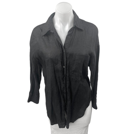 Zara Women's Black 100% Linen Long Sleeve V Neck Button Down Shirt Top Size L