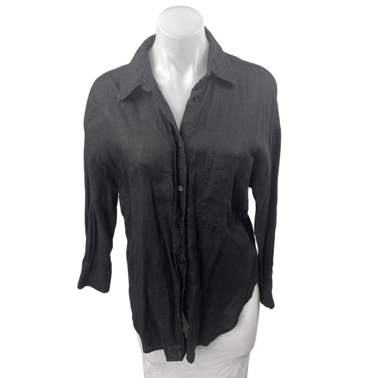 Zara Women's Black 100% Linen Long Sleeve V Neck Button Down Shirt Top Size L