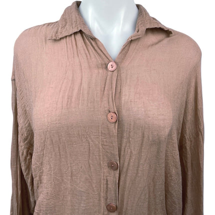 TAN + Lines Tulum Brown Tan Linen Button Down Sheer Swim Cover Up Shirt Top Sz S