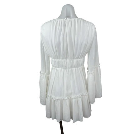 Miss Ord Women's White Deep V Neck Long Sleeve Tiered Mini Flare A-Line Dress XS