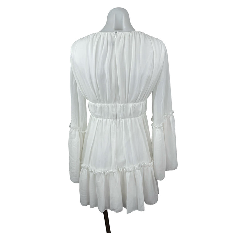 Miss Ord Women's White Deep V Neck Long Sleeve Tiered Mini Flare A-Line Dress XS