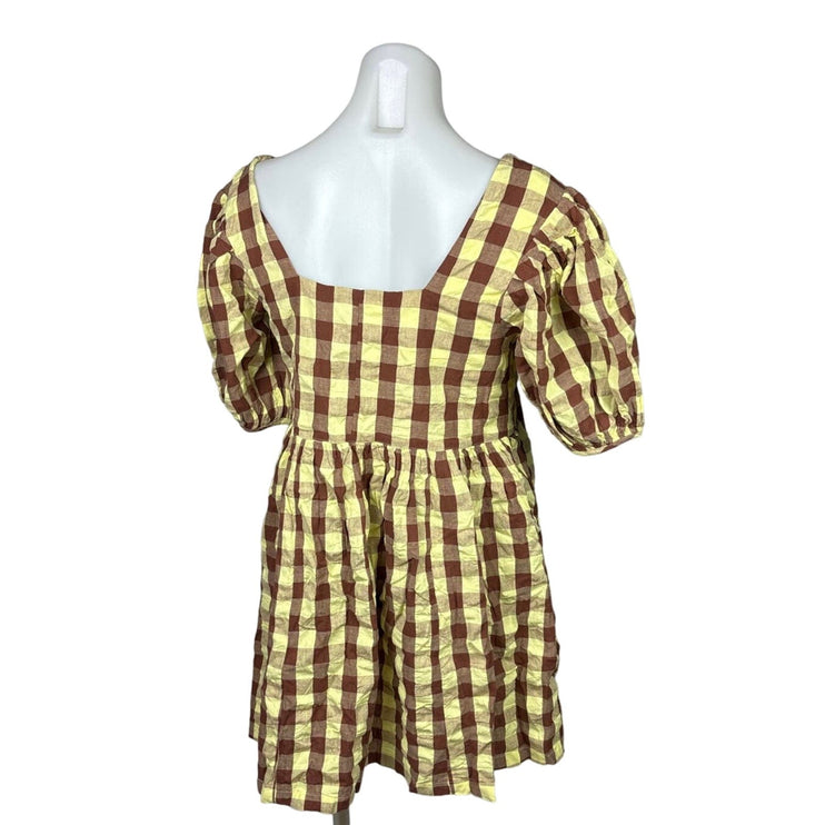 Collusion Yellow Brown Cotton Oversized Gingham Puff Sleeve Babydoll Dress Sz 2