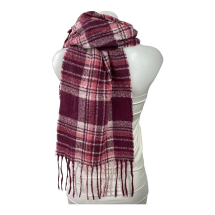 NWT Ann Taylor LOFT Pink Maroon Check Plaid Fringe Wrap Shawl Neck Scarf OS