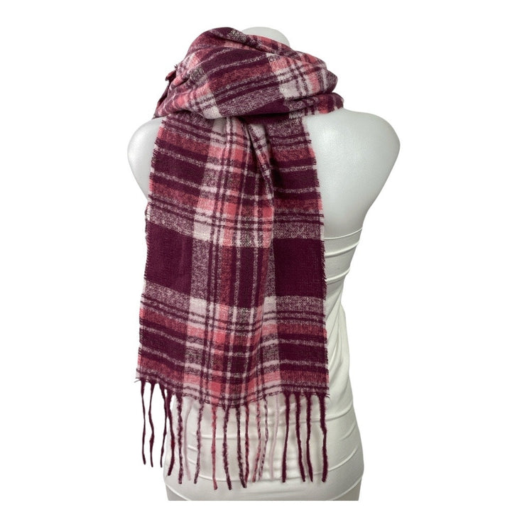 NWT Ann Taylor LOFT Pink Maroon Check Plaid Fringe Wrap Shawl Neck Scarf OS