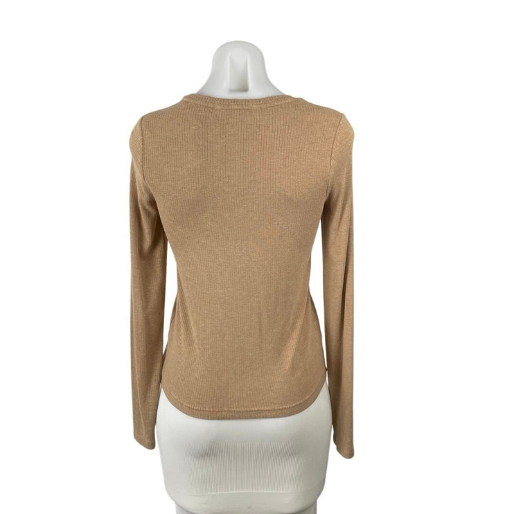 Banana Republic Women's Tan Ribbed Knit Long Sleeve Crewneck Sweater Top Size XS