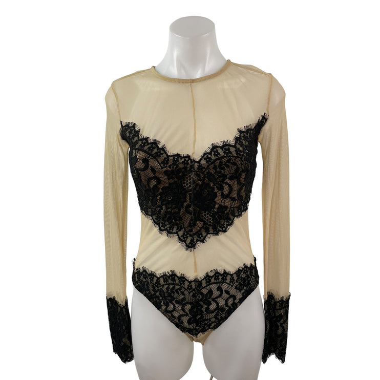 Forever 21 Nude Mesh Sheer Floral Lace Crew  Neck Long Sleeve Bodysuit Top S/M