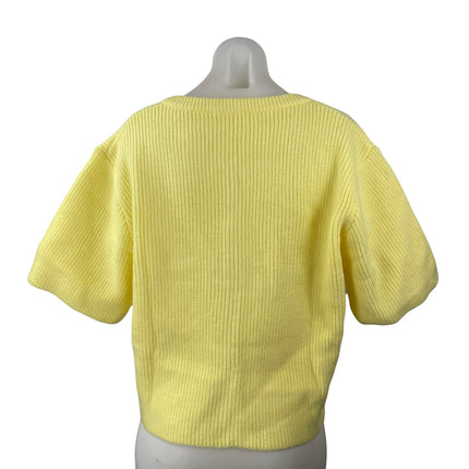 Women's Yellow Ribbed Knit Short Sleeve Button Down Blouse Shirt Top Size M