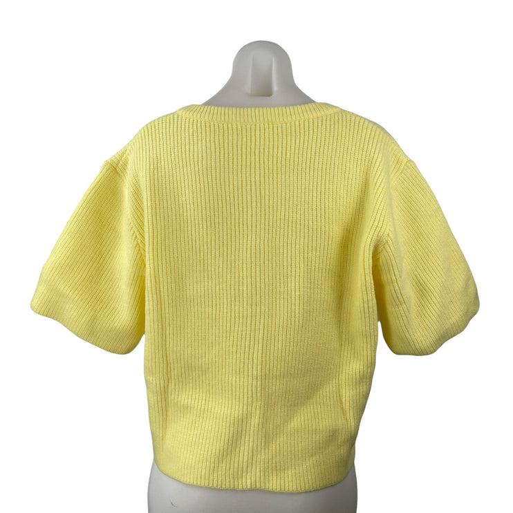 Women's Yellow Ribbed Knit Short Sleeve Button Down Blouse Shirt Top Size M