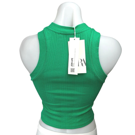 NEW Zara Women's Green Rib Knit Sleeveless Racerback Pullover Crop Tank Top XS