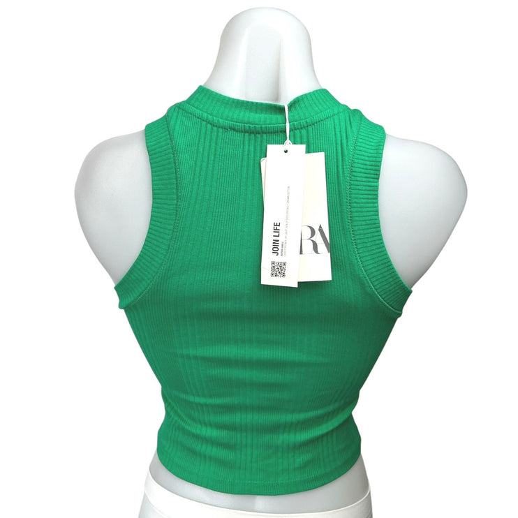 NEW Zara Women's Green Rib Knit Sleeveless Racerback Pullover Crop Tank Top XS