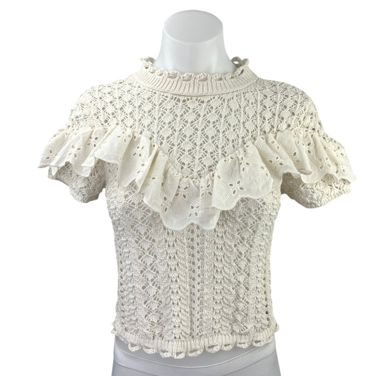 Zara Cream Crochet Open Knit Ruffle Mock Neck Short Sleeve Blouse Top Sz S