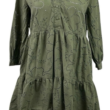 Zara Green Floral Eyelet Embroidered 3/4 Sleeve Tiered Mini Flare A-Line Dress S