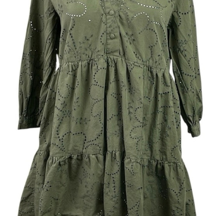 Zara Green Floral Eyelet Embroidered 3/4 Sleeve Tiered Mini Flare A-Line Dress S