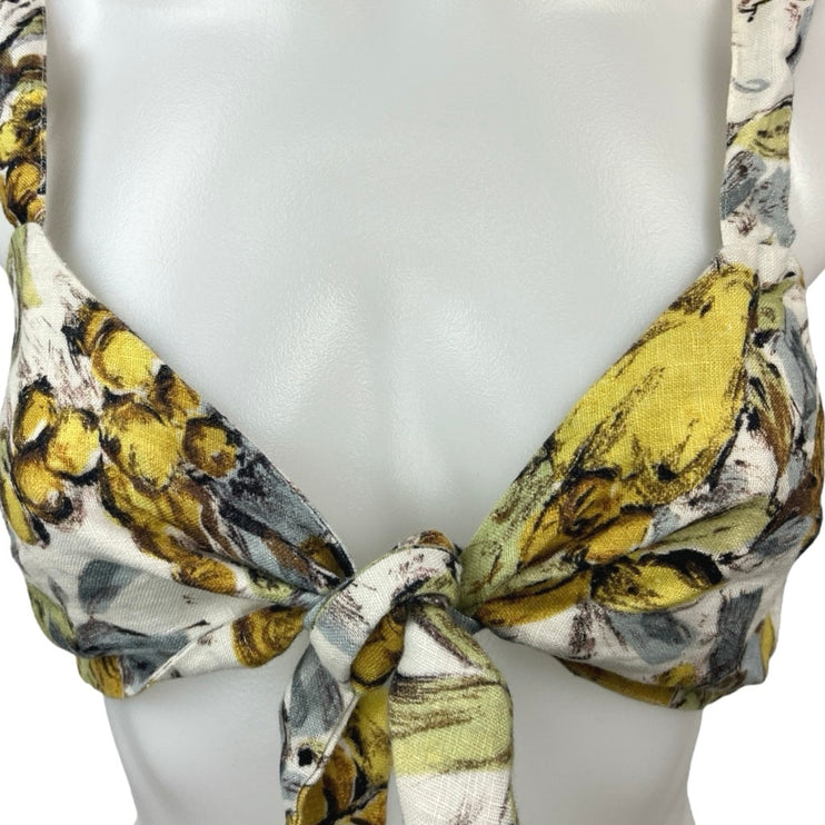 Posse Multicolor 100% Linen Lemon Print Bow Tie Swimsuit Bikini Crop Top Size XS