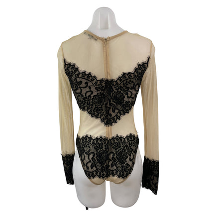 Forever 21 Nude Mesh Sheer Floral Lace Crew  Neck Long Sleeve Bodysuit Top S/M