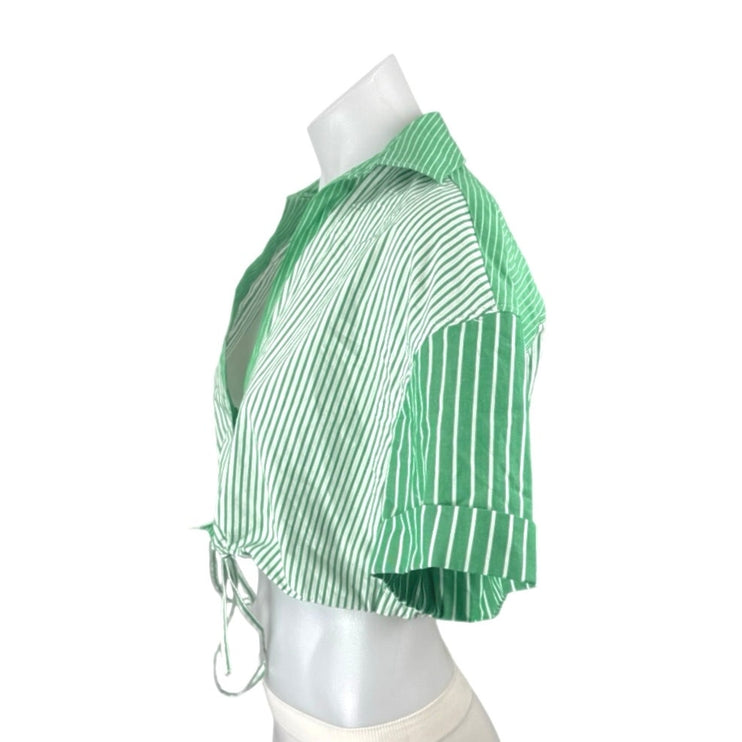 Zara Women's Green Striped Colorblock Short Sleeve Button Down Crop Top Size XS