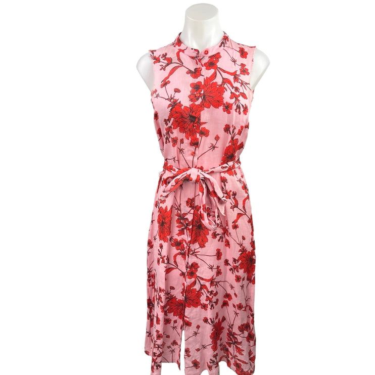 Zara Pink Red Linen Floral Sleeveless Button Down Tie Waist Fit & Flare Dress XS