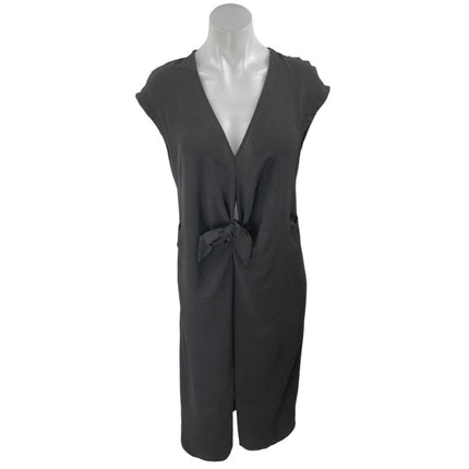 Zara Black Short Cap Sleeve Pocket Deep V Neck Tie Front Wrap Midi Dress Size M