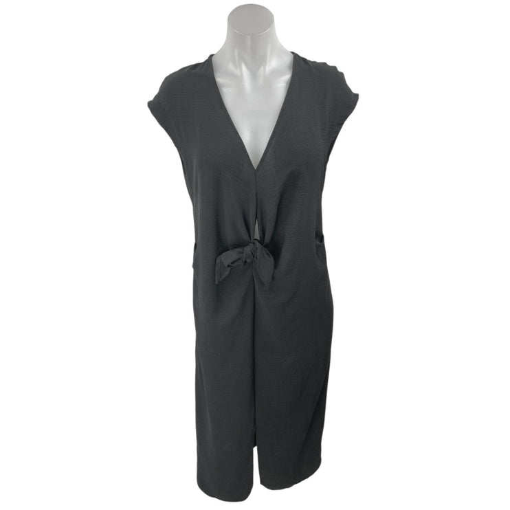 Zara Black Short Cap Sleeve Pocket Deep V Neck Tie Front Wrap Midi Dress Size M