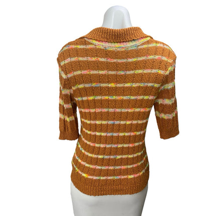 Free People Now and Then Brown Multicolor Striped Short Sleeve Knit Sweater Sz M